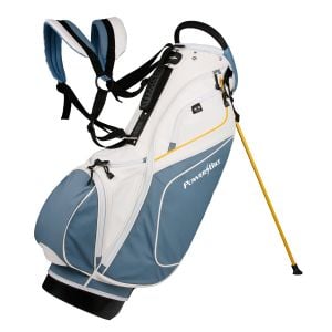 angled right side view of the Powerbilt TPS Dunes 14-Way Blue/White Synthetic Leather Golf Stand Bag
